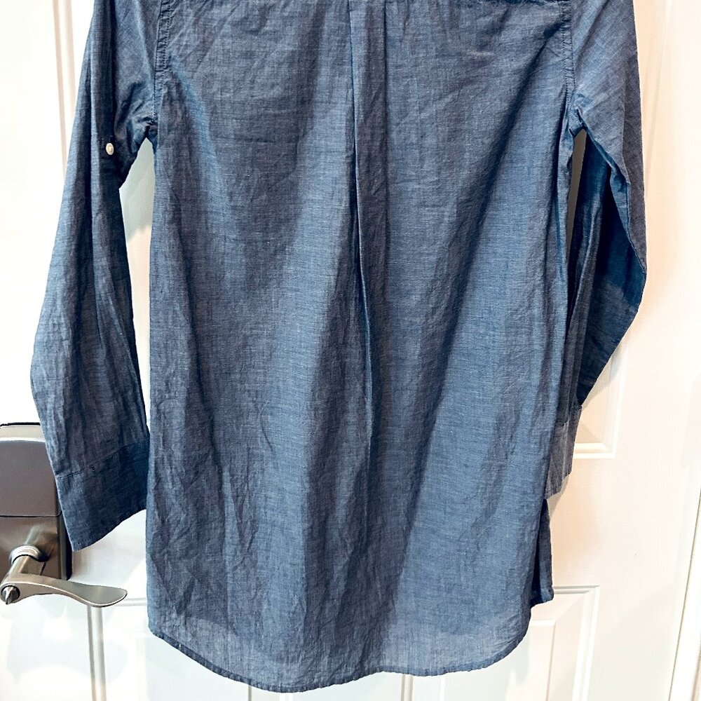 J Crew Tunic Top Womens XXS Blue Chambray Cotton Collared Roll Tab Long Sleeve